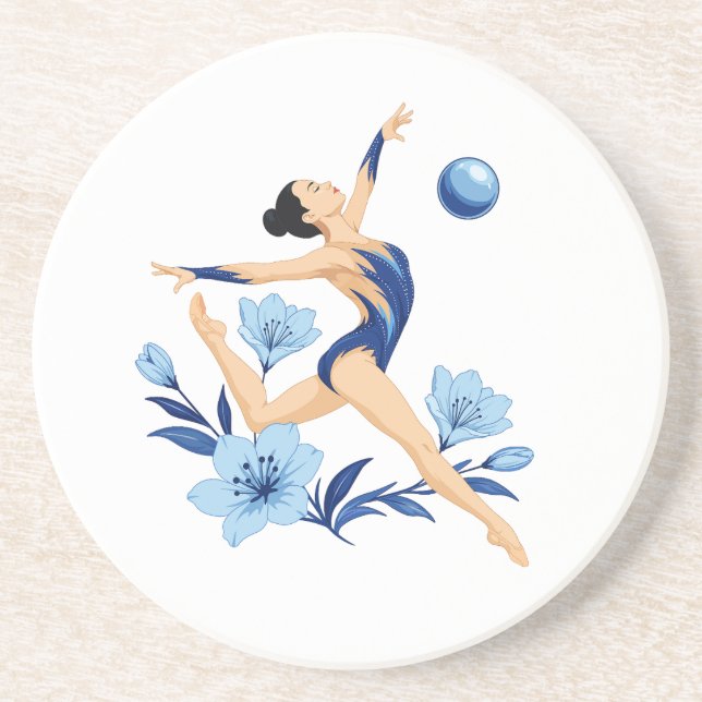 Elegant Rhythmic Gymnast with Blue Flowers. Coaster (Front)