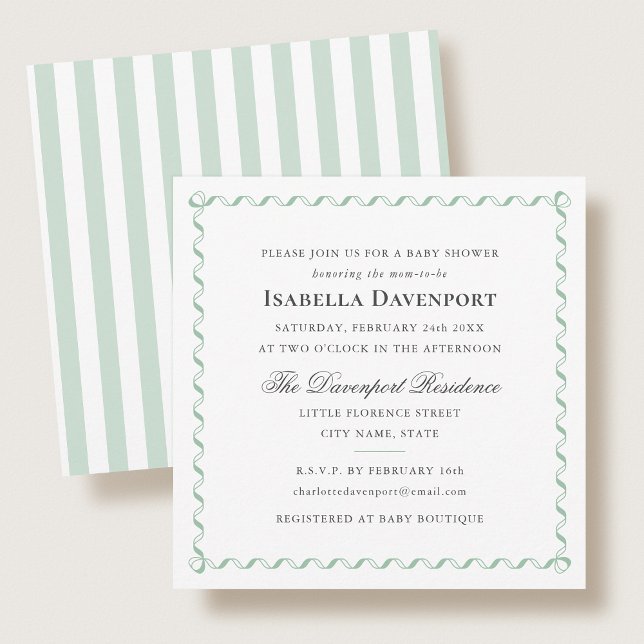 Elegant Ribbon Baby Shower Stripes Green Square Invitation (Creator Uploaded)