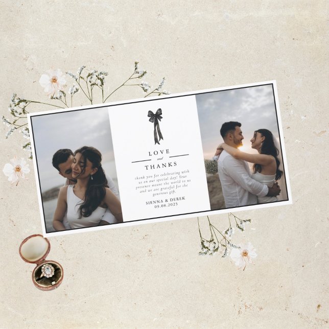 Elegant Ribbon Bow Black and White Wedding Thank You Card (Creator Uploaded)