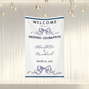 Elegant Ribbon & Bow Romantic Wedding Navy Banner
