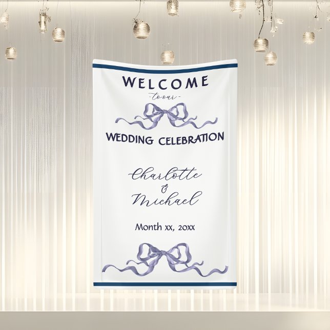 Elegant Ribbon & Bow Romantic Wedding Navy Banner (Elegant Navy Ribbon Romantic Wedding Banner)