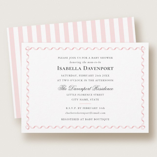 Elegant Ribbon Candy Striped Baby Shower Pink Invitation (Creator Uploaded)