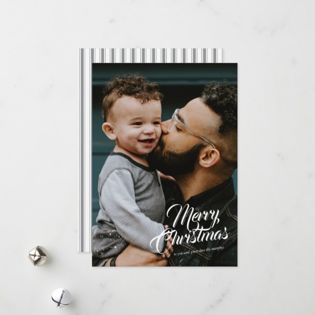 Elegant Ribbon Corner Merry Christmas Script Holiday Card (Front/Back In Situ)