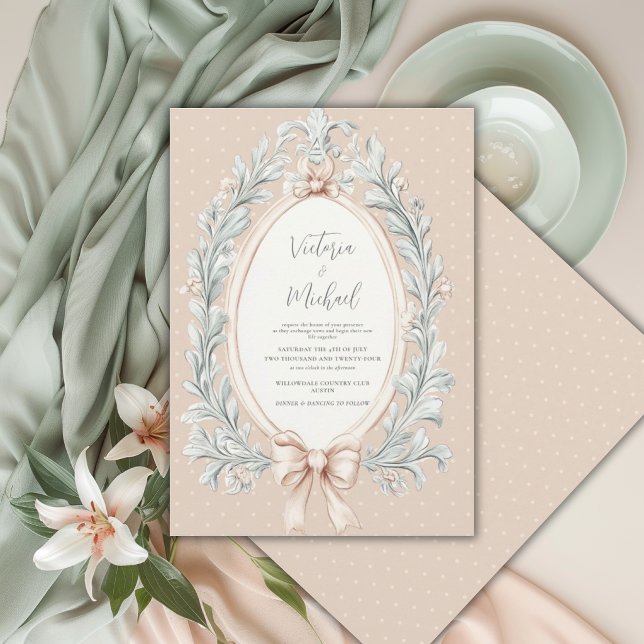 Elegant Ribbon Frame Greenery Vintage Wedding Invitation (Creator Uploaded)