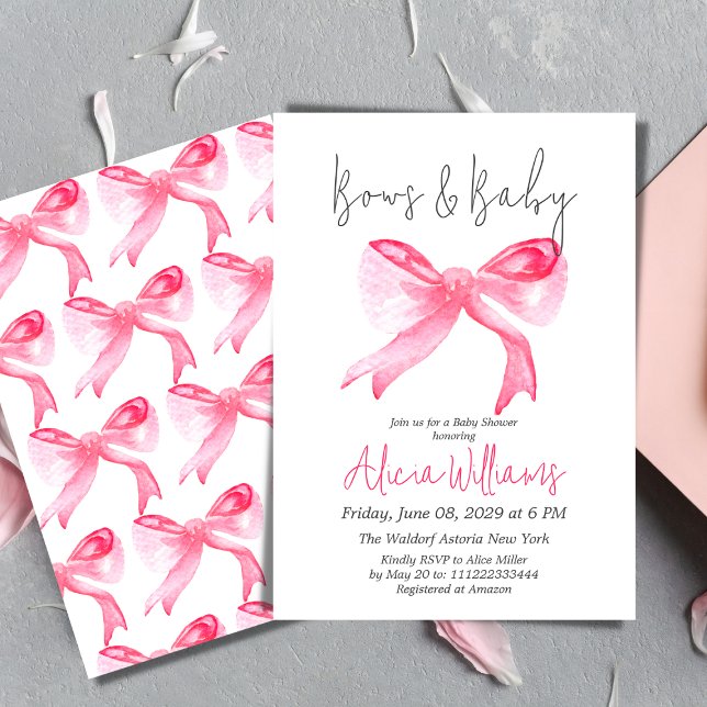 Elegant Ribbon Pink Bows and Baby Girl Baby Shower Invitation (Creator Uploaded)