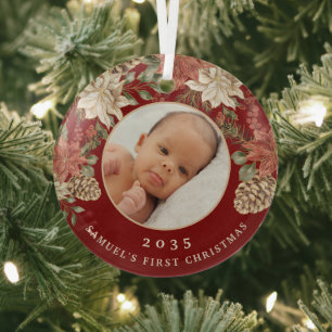 Elegant Rich Red Baby's First Christmas Photo Glass Tree Decoration