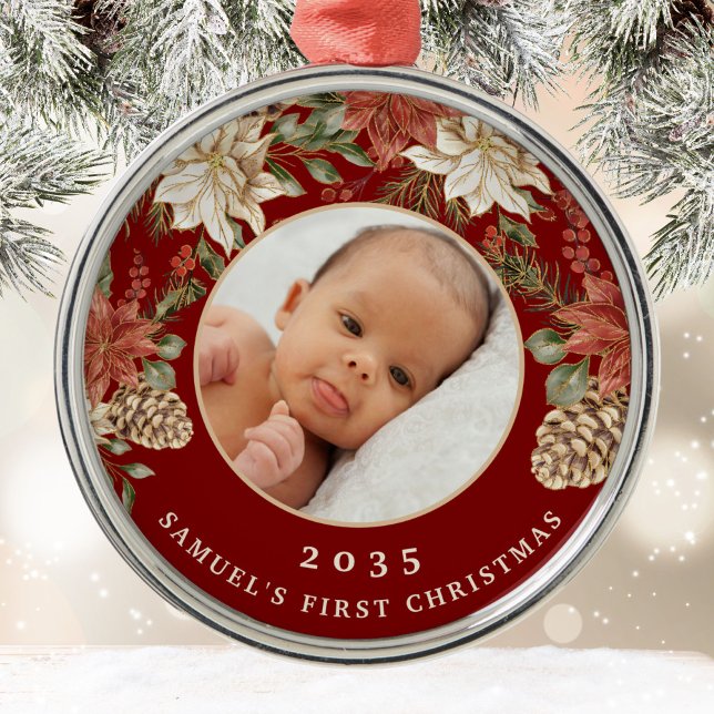 Elegant Rich Red Baby's First Christmas Photo Metal Tree Decoration (Creator Uploaded)