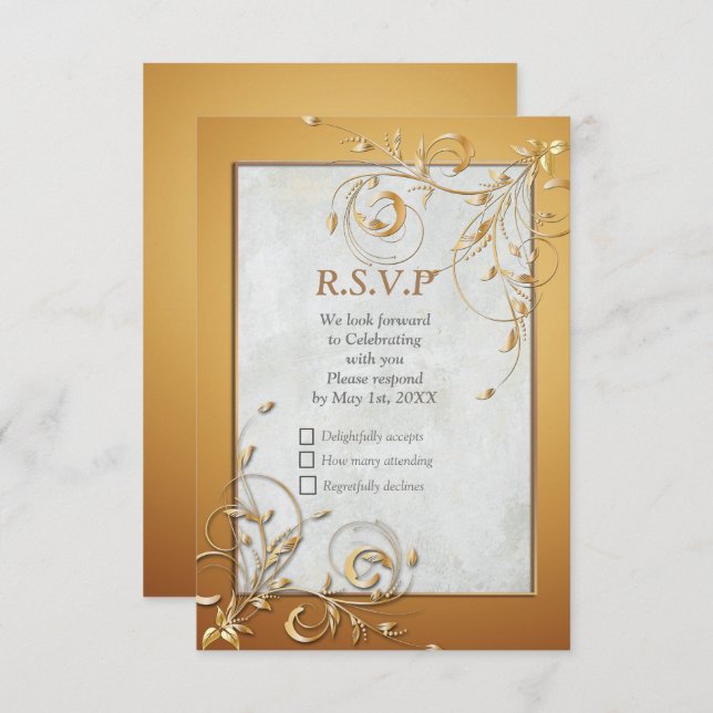 Elegant Ripple Cream & Gold RSVP Card (Front/Back)