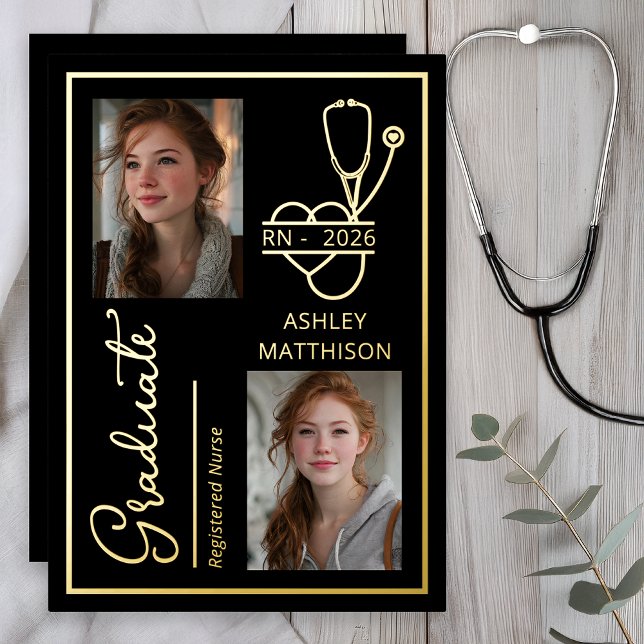 Elegant RN 2026 Nursing Grad Photo Announcement (Elegant RN Nursing 2026 Graduation Photo Announcement - Black | Gold Foil)