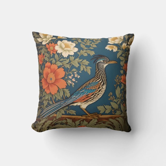 Elegant Roadrunner Bird William Morris Inspired Cushion (Front)