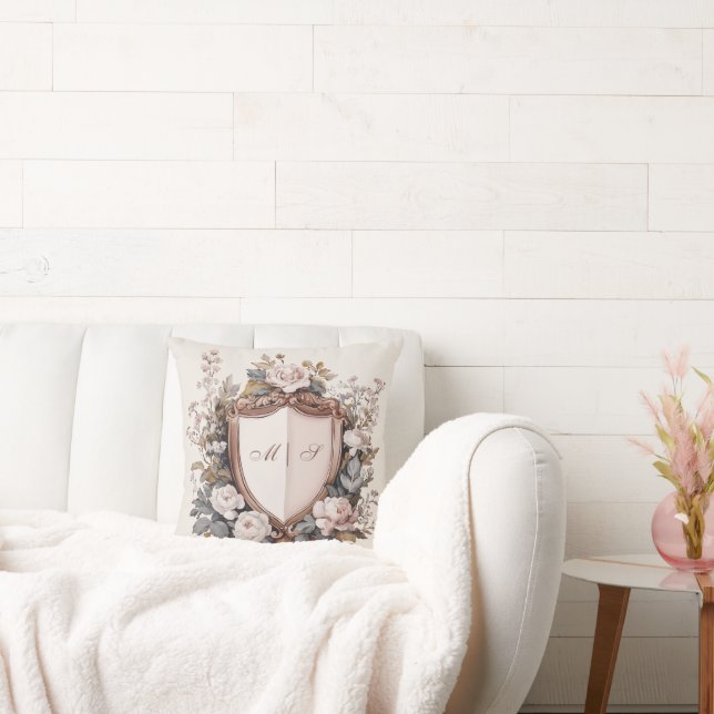 Elegant Rococo Crest Initials Floral Wedding  Cushion (Couch)