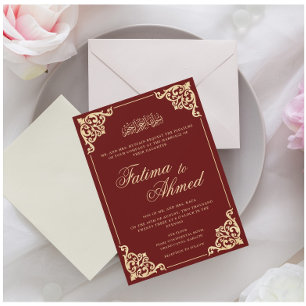 Elegant Rococo Flourish Burgundy Muslim Wedding Invitation