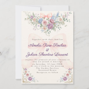 Elegant Rococo Garden with Blush Ribbon Bow Weddin Invitation