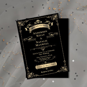 Elegant Rococo Ornament Black & Gold Wedding Invitation