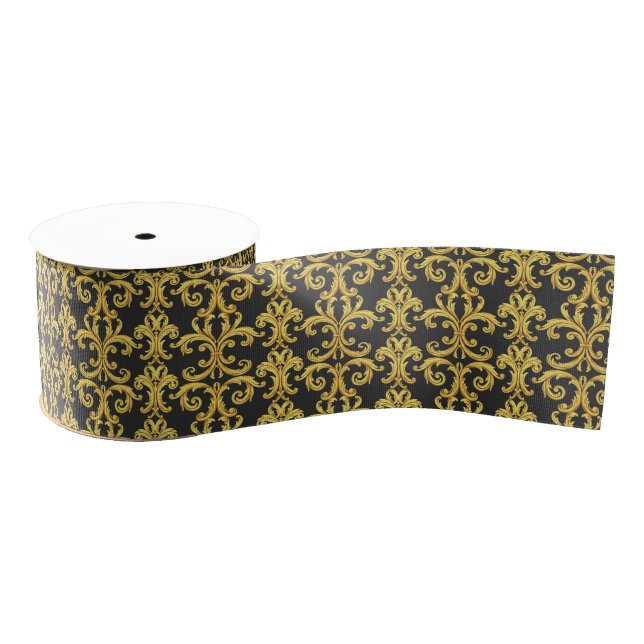 Elegant Rococo Revival Gold & Charcoal Baroque Grosgrain Ribbon (Spool)