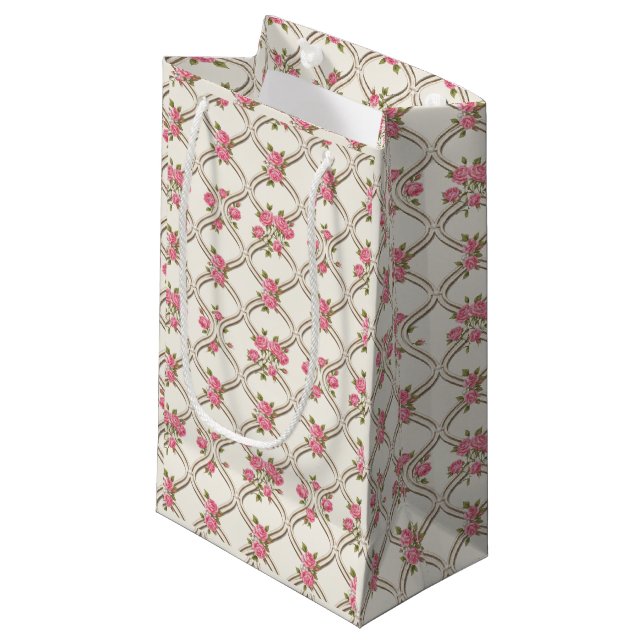 Elegant Rococo Revival Pink Floral & Beige Lattice Small Gift Bag (Front Angled)