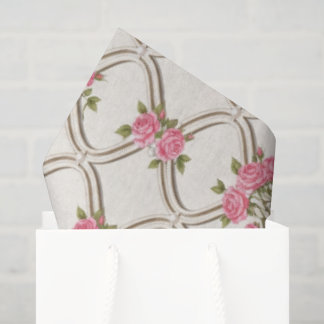Elegant Rococo Revival Pink Floral & Beige Lattice Tissue Paper