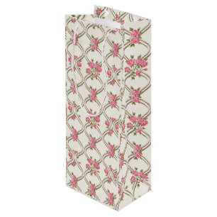 Elegant Rococo Revival Pink Floral & Beige Lattice Wine Gift Bag