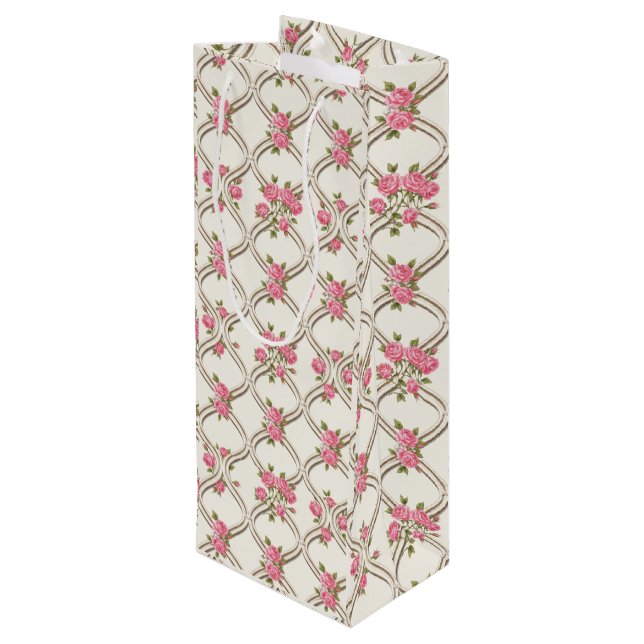 Elegant Rococo Revival Pink Floral & Beige Lattice Wine Gift Bag (Back Angled)