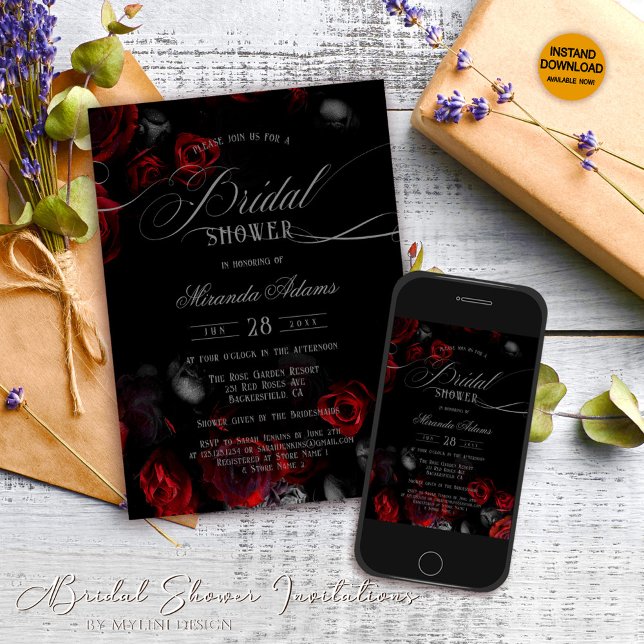 Elegant Romantic Black Red Floral Bridal Shower Invitation (Creator Uploaded)