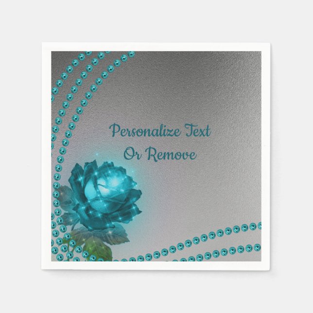 Elegant Romantic Blue Crystal Rose Pearls Napkin (Front)