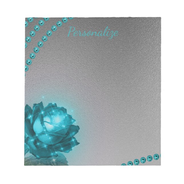 Elegant Romantic Blue Crystal Rose Pearls Notepad (Front)