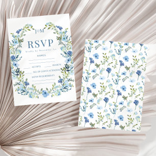 Elegant romantic blue floral wreath rustic wedding RSVP card