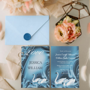 Elegant Romantic Blue Swan Love Wedding Invite
