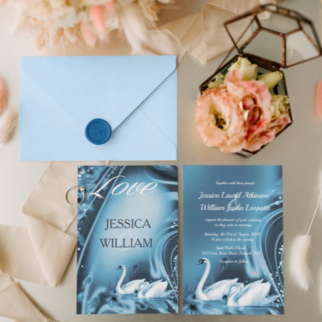Elegant Romantic Blue Swan Love Wedding Invite (Creator Uploaded)