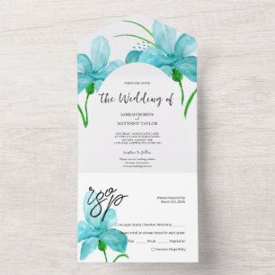 Elegant Romantic Blue Watercolor Iris All In One Invitation