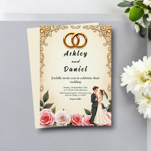 Elegant Romantic Bride And Groom Floral Wedding Invitation (Creator Uploaded)