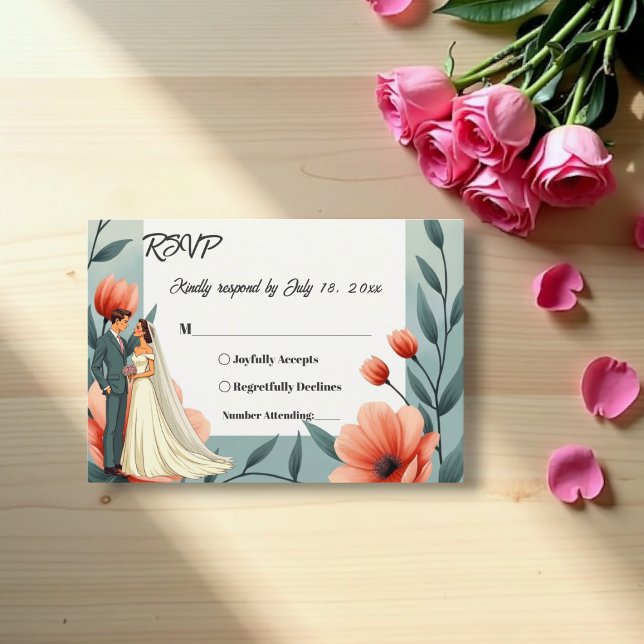 Elegant Romantic Bride And Groom Floral Wedding RSVP Card (Creator Uploaded)
