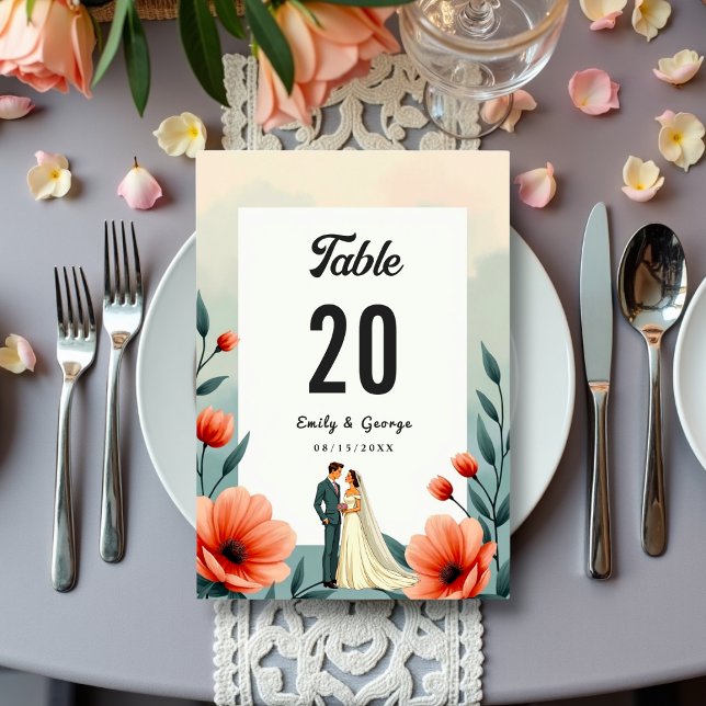 Elegant Romantic Bride And Groom Floral Wedding Table Number (Creator Uploaded)