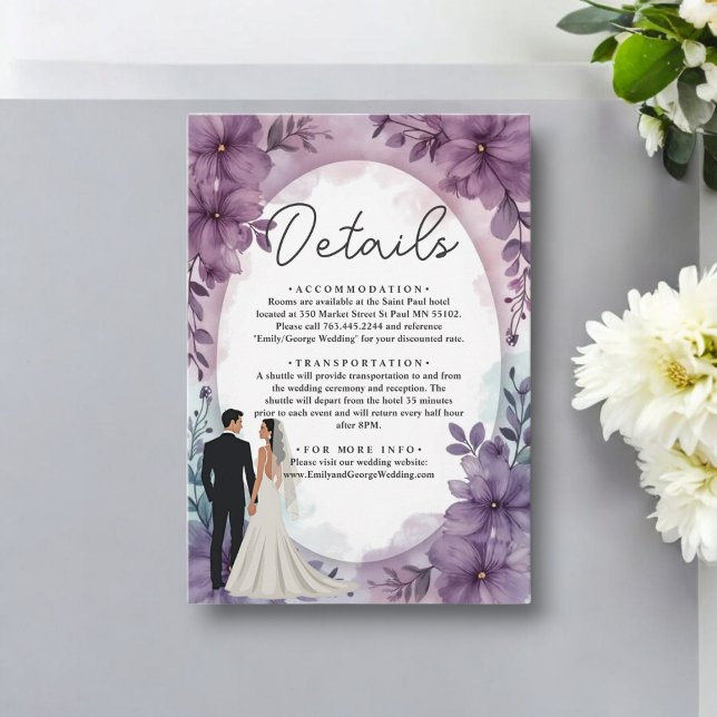Elegant Romantic Bride Groom Purple Floral Wedding Enclosure Card (Creator Uploaded)