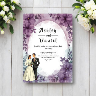 Elegant Romantic Bride Groom Purple Floral Wedding Invitation