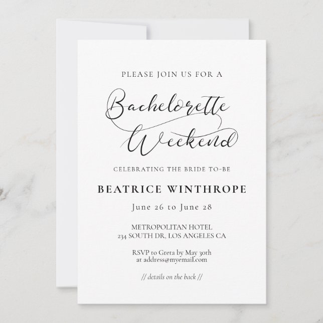 Elegant romantic calligraphy Bachelorette Weekend Invitation (Front)