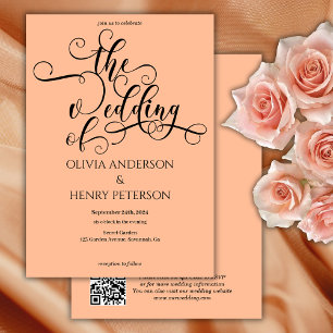 Elegant Romantic Calligraphy Peach Wedding QR Code Invitation