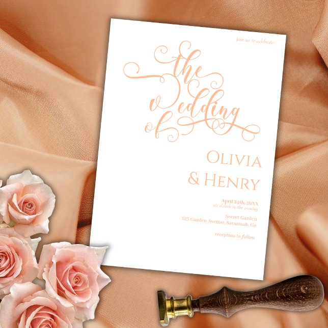 Elegant Romantic Calligraphy Peach & White Wedding Invitation (Creator Uploaded)