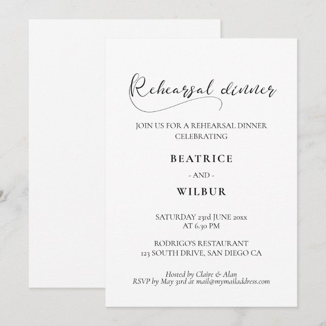 Elegant romantic calligraphy rehearsal dinner invitation (Front/Back)