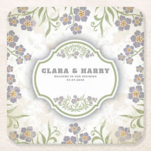 Elegant romantic calligraphy retro floral wedding square paper coaster