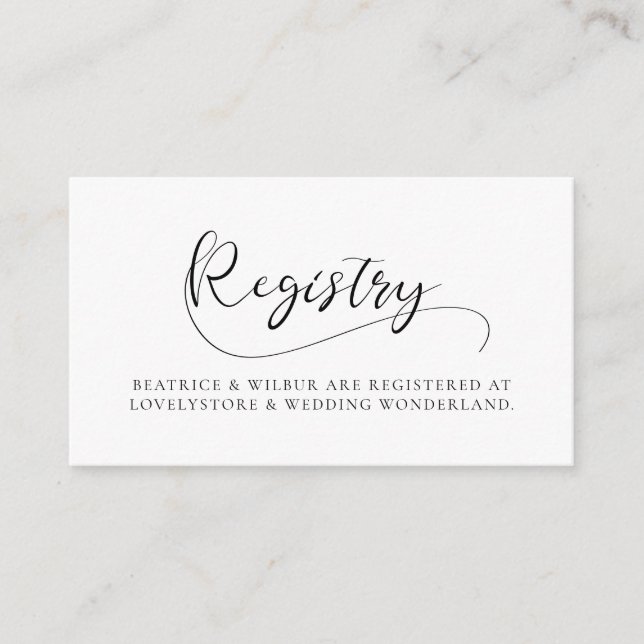 Elegant romantic calligraphy wedding registry card (Front)