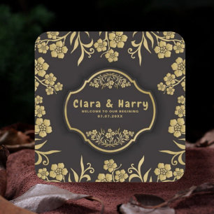 Elegant romantic champagne gold  floral wedding  square paper coaster