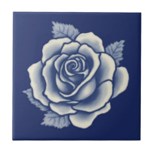 Elegant Romantic Chic Blue Floral Damask Rose Tile