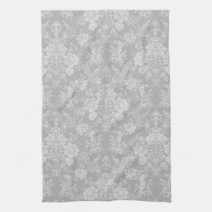 Elegant Romantic Chic Floral Damask-Grey Tea Towel