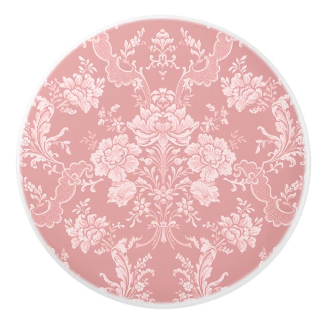 Elegant Romantic Chic Floral Damask-Pastel Pink Ceramic Knob (Front)