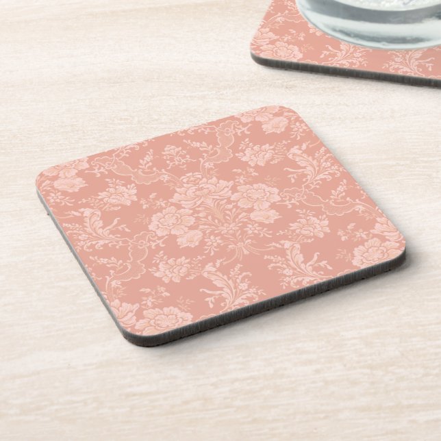 Elegant Romantic Chic Floral Damask-Peach Coaster (Left Side)