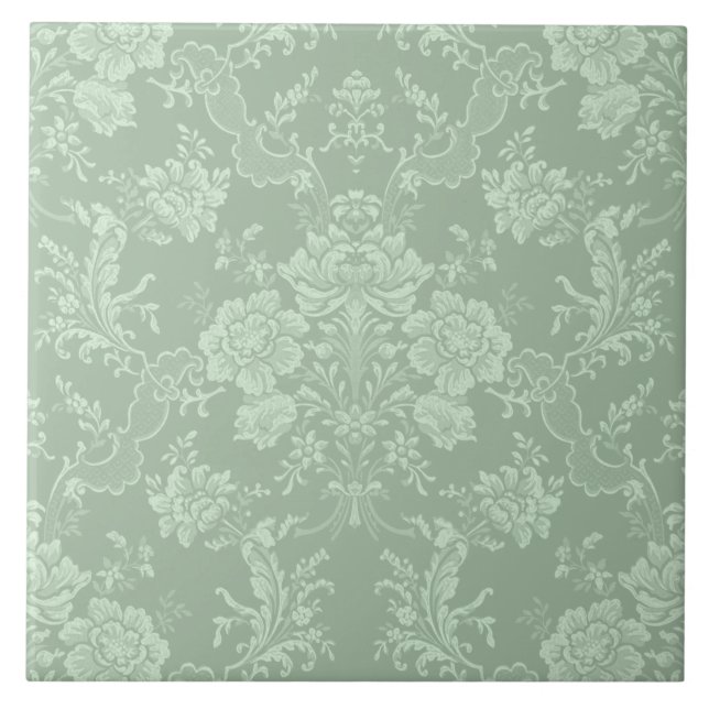 Elegant Romantic Chic Floral Damask-Sage Green Tile (Front)