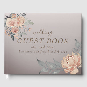Elegant Romantic Coral Gold Script Floral Wedding Guest Book