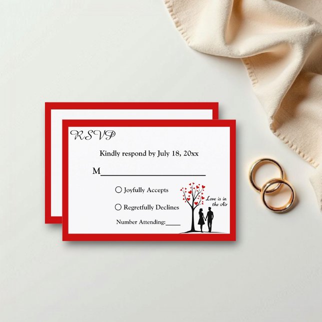 Elegant Romantic Couple Black White Red Wedding RSVP Card (Creator Uploaded)