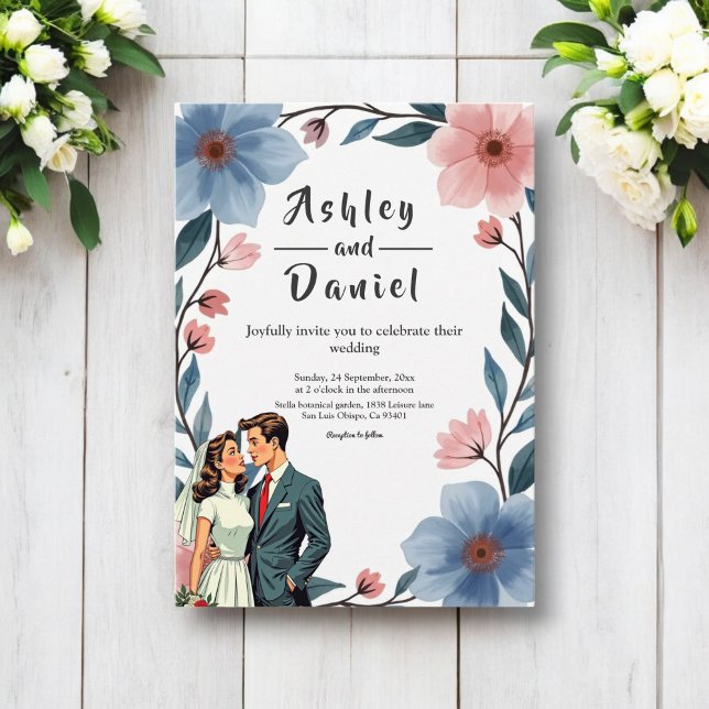 Elegant Romantic Couple Watercolor Floral Wedding Invitation (Creator Uploaded)
